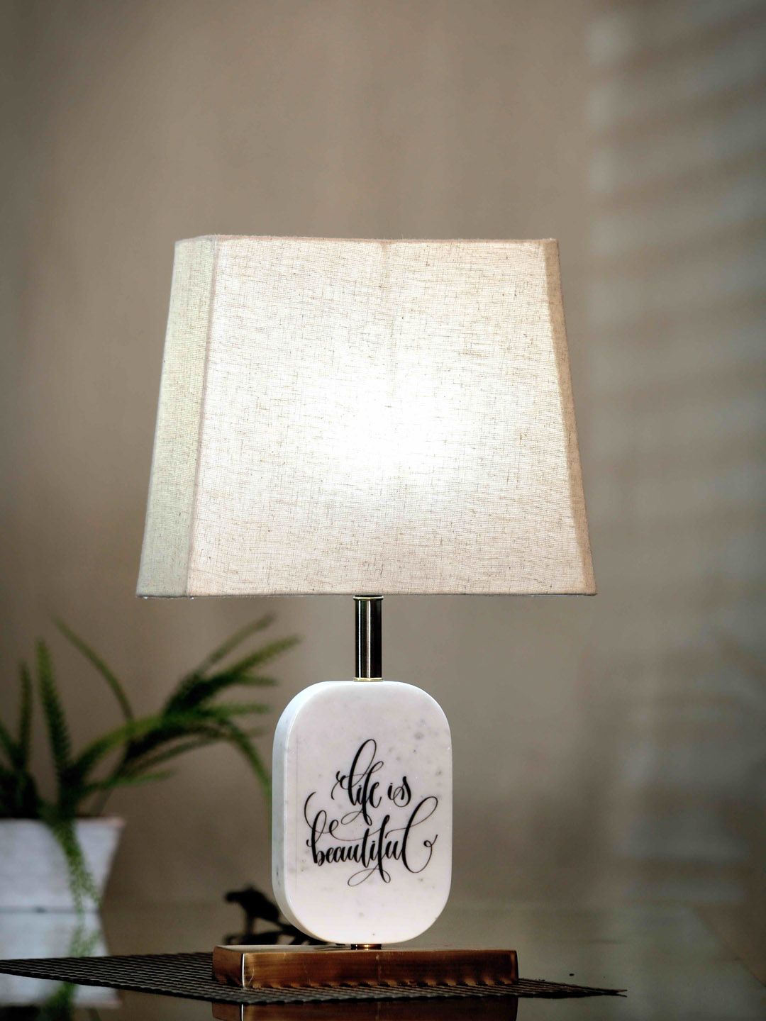 POSH-N-PLUSH Beige & White Solid Life Is Beautiful Marble Table Lamp Price in India
