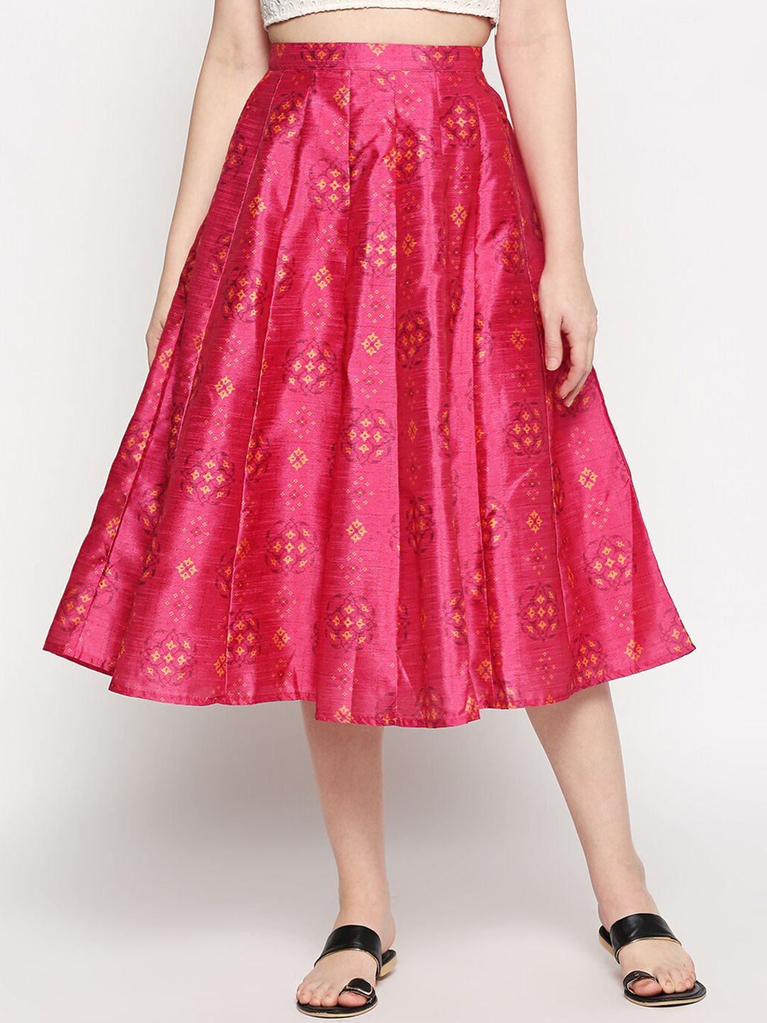 People Women Pink & Yellow Floral Printed Midi Length Skirt