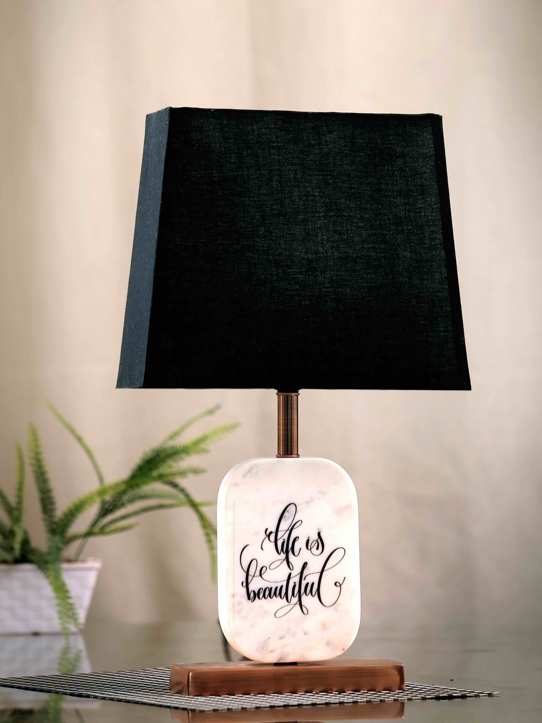 POSH-N-PLUSH Black & White Life is Beautiful Printed Bedside Standard Lamp with Shade Price in India