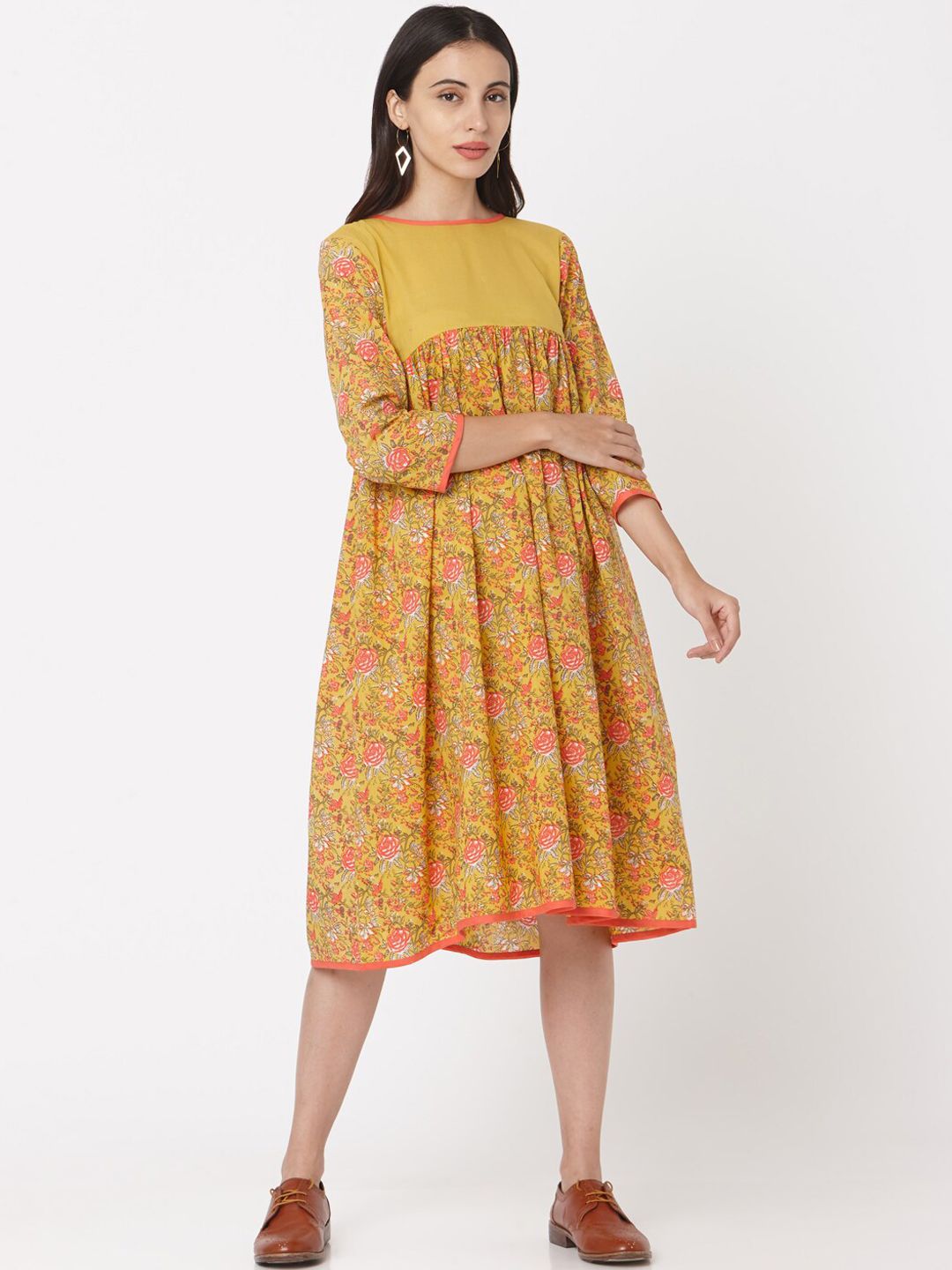 Saanjh Women Yellow Printed A-Line Dress Price in India