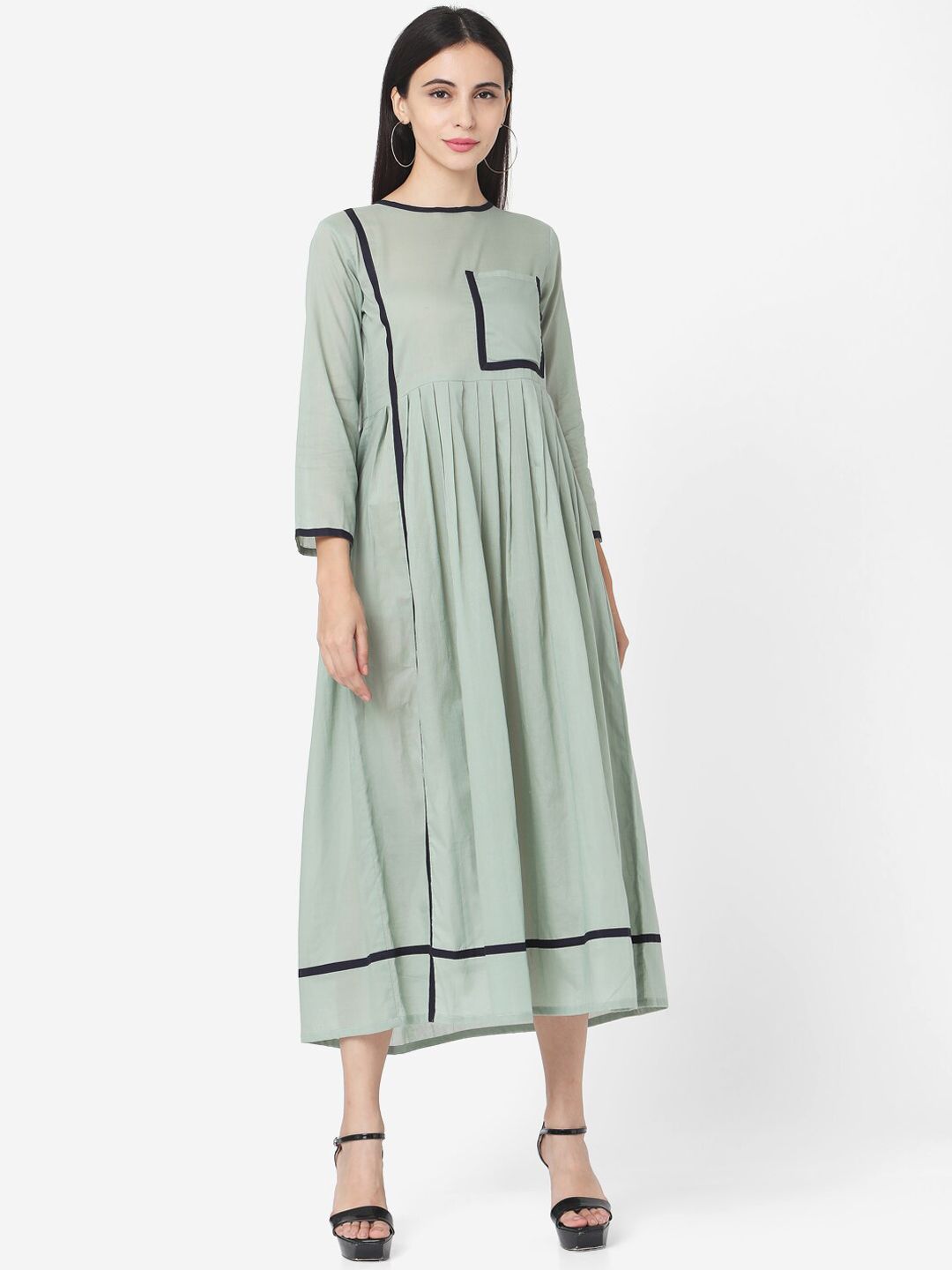 Saanjh Women Green Solid A-Line Dress Price in India