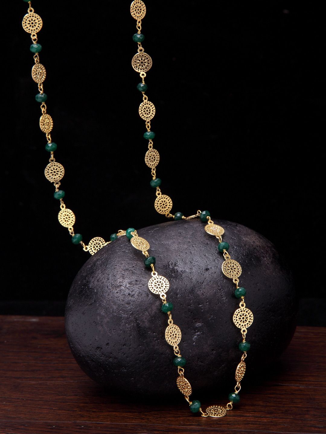 PANASH Gold-Plated & Green Jade Stone-Studded Handcrafted Necklace Price in India