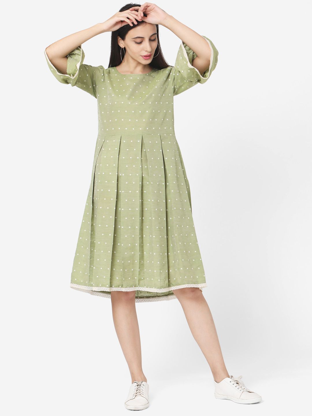 Saanjh Women Green Printed Fit and Flare Dress Price in India