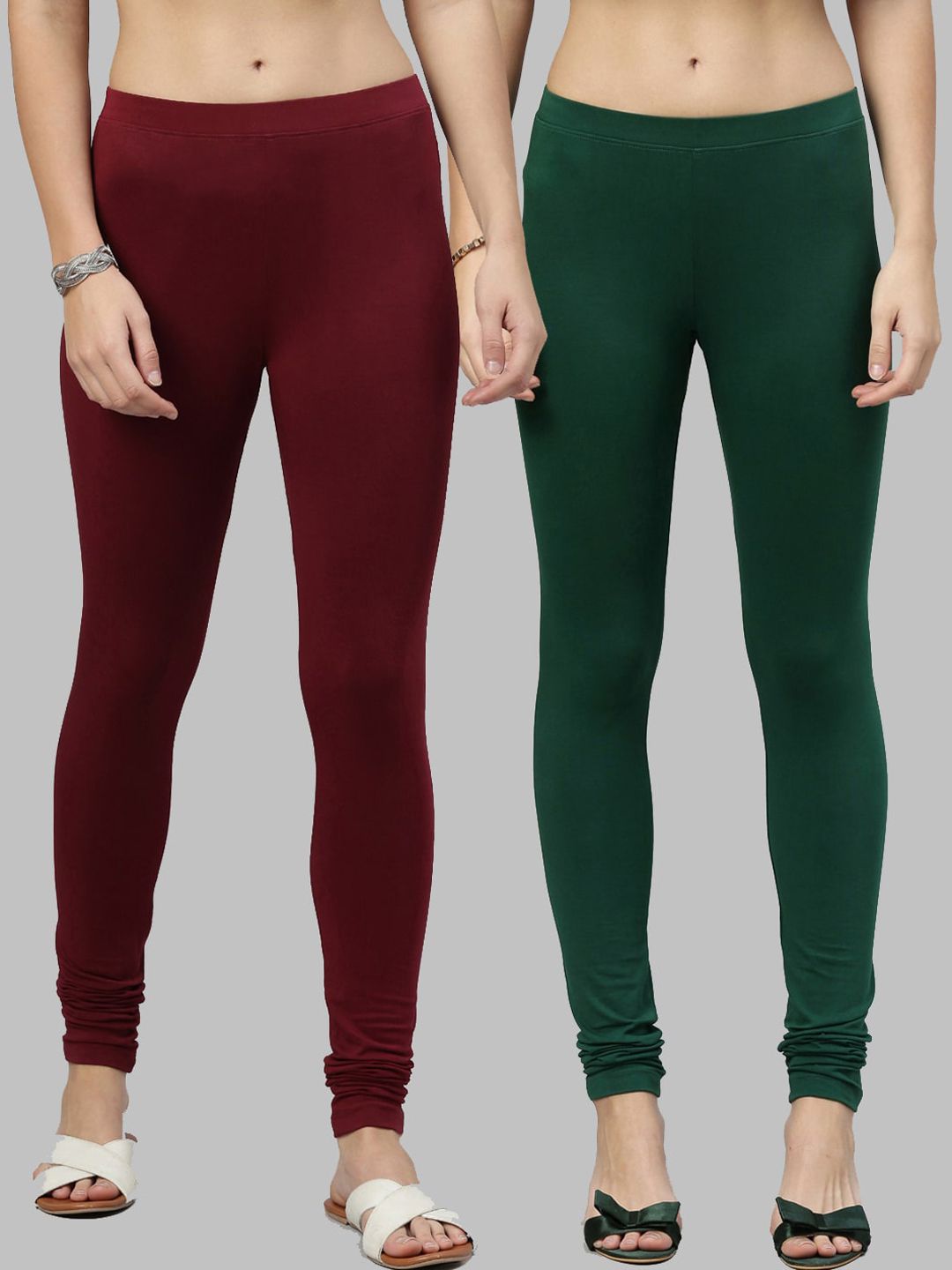 Kryptic Women Pack of 2 Maroon & Green Solid Churidar-Length Leggings Price in India