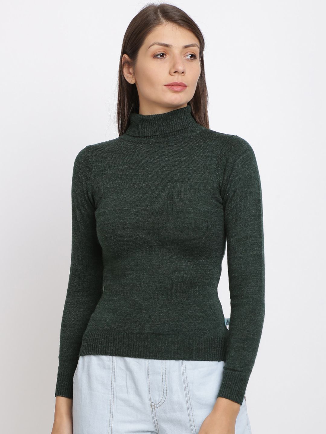 BEVERLY BLUES Women Green Solid Slim-Fit Pullover Sweater Price in India