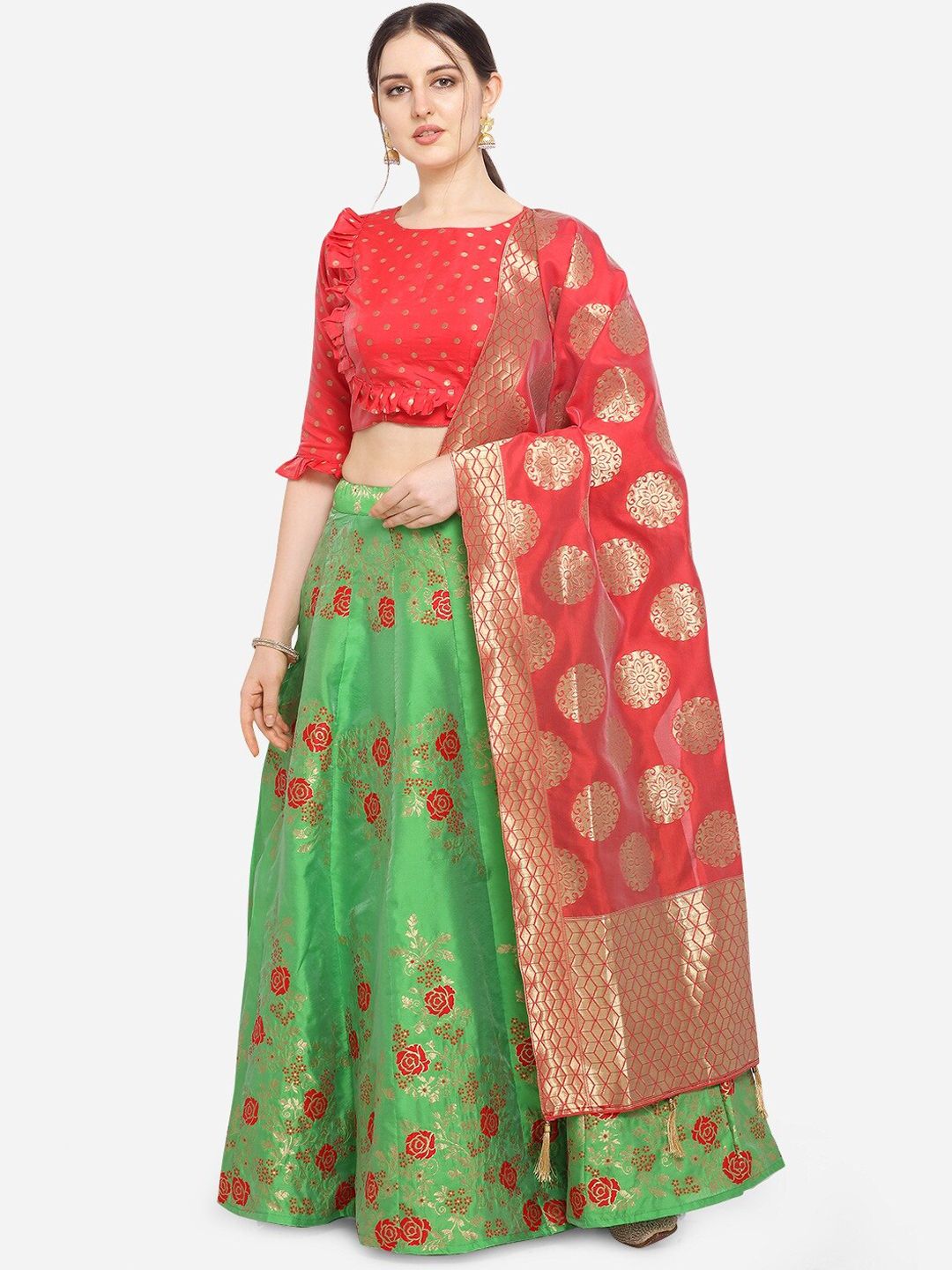 PURVAJA Women Green & Red Printed Semi-Stitched Lehenga & Unstitched Blouse with Dupatta Price in India