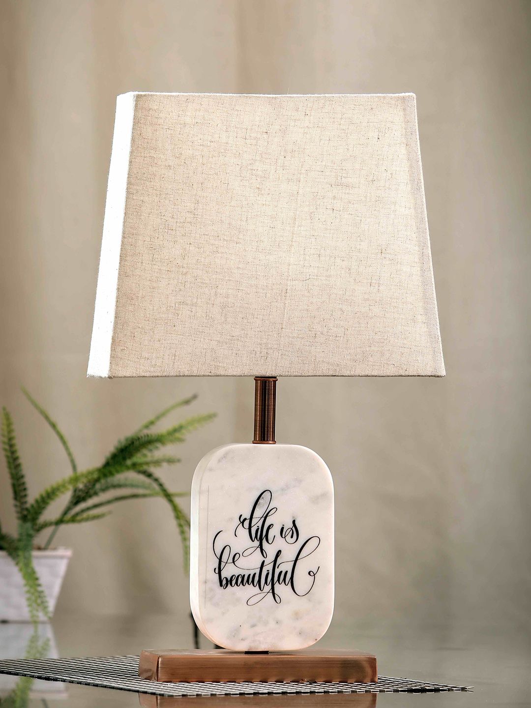 POSH-N-PLUSH Beige & White Life Is Beautiful Marble Bedside Standard Table Lamp Price in India
