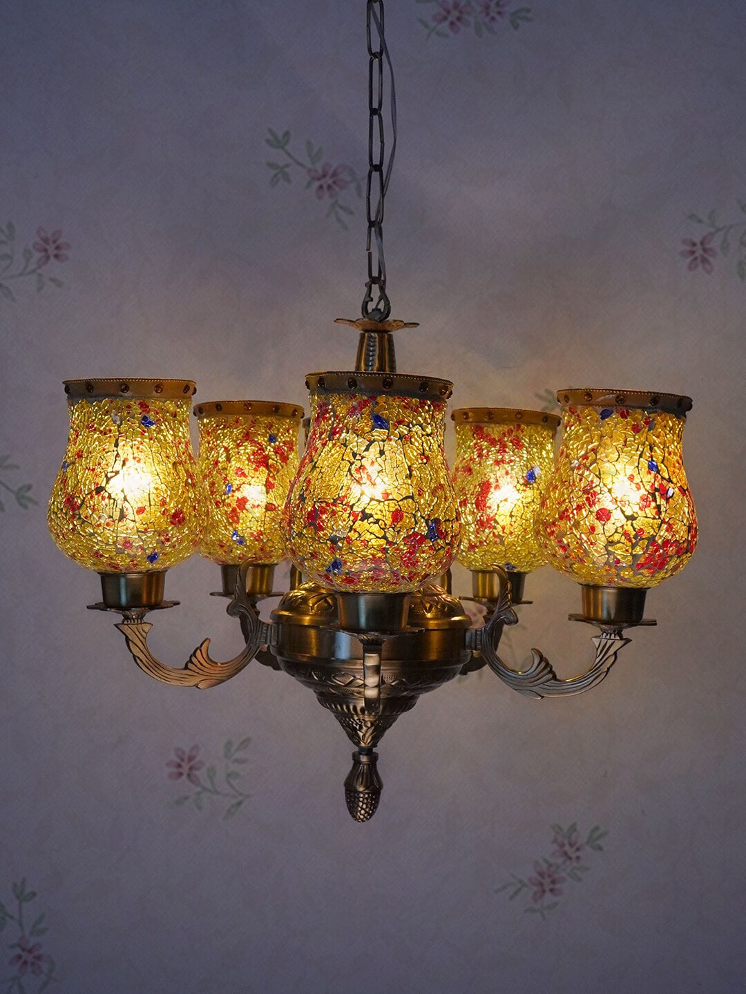 Fos Lighting Gold-Toned & Yellow Self Design Antique Cluster Light Price in India