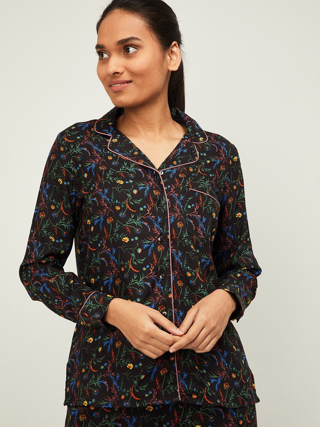 Ginger by Lifestyle Women Black Printed Lounge Shirt Price in India