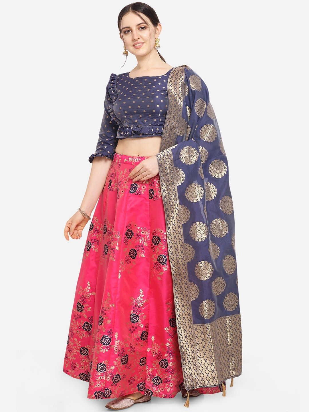 PURVAJA Women Pink & Navy Blue Printed Semi-Stitched Lehenga & Unstitched Blouse with Dupatta Price in India