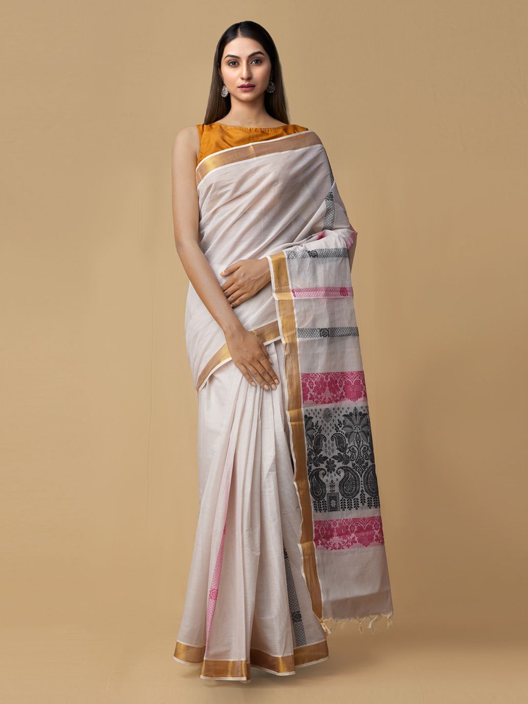 Unnati Silks Cream-Coloured Striped Mysore Silk Saree