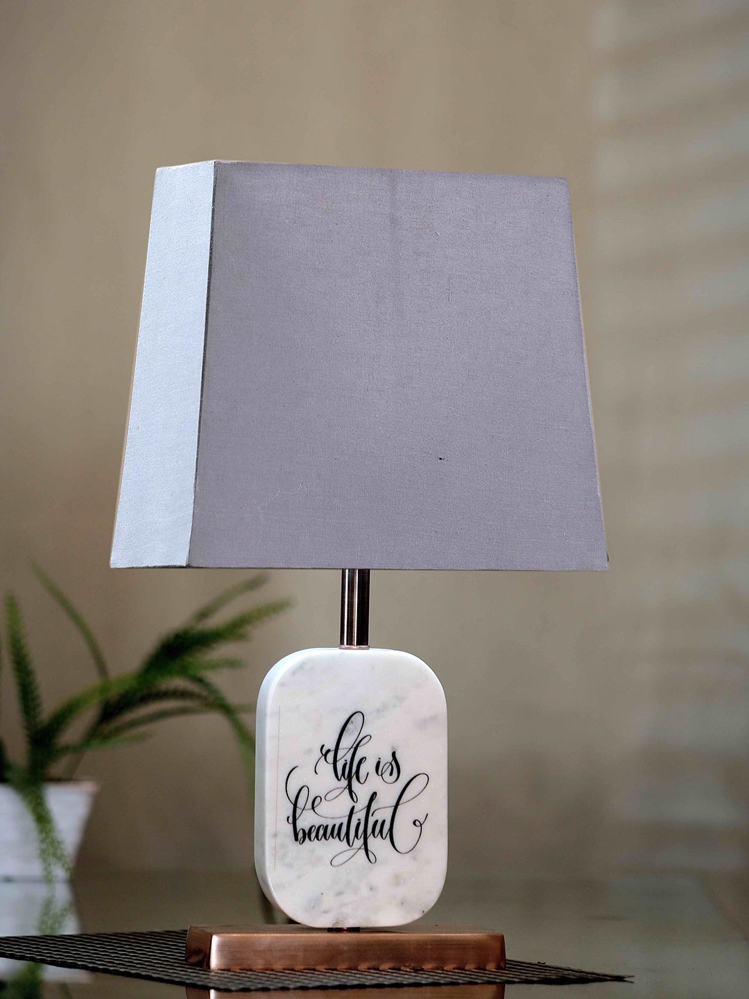 POSH-N-PLUSH Grey & White Life Is Beautiful Marble Bedside Standard Table Lamp With Shade Price in India