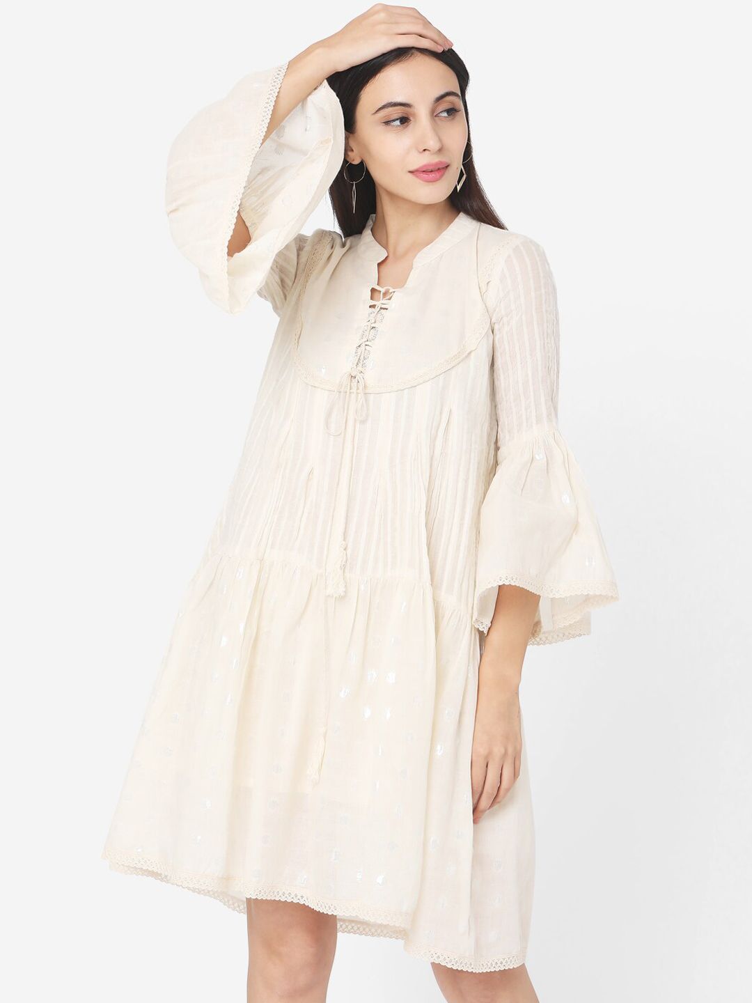 Saanjh Women Off-White Self Design A-Line Dress Price in India