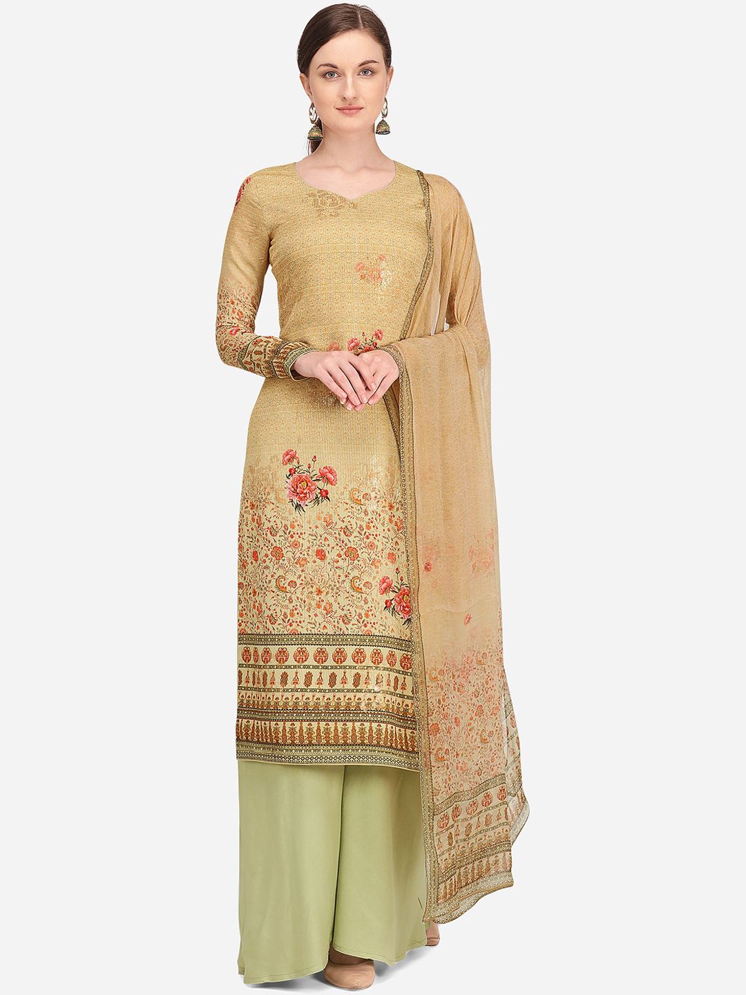 Stylee LIFESTYLE Women Beige & Green Printed Unstitched Dress Material Price in India