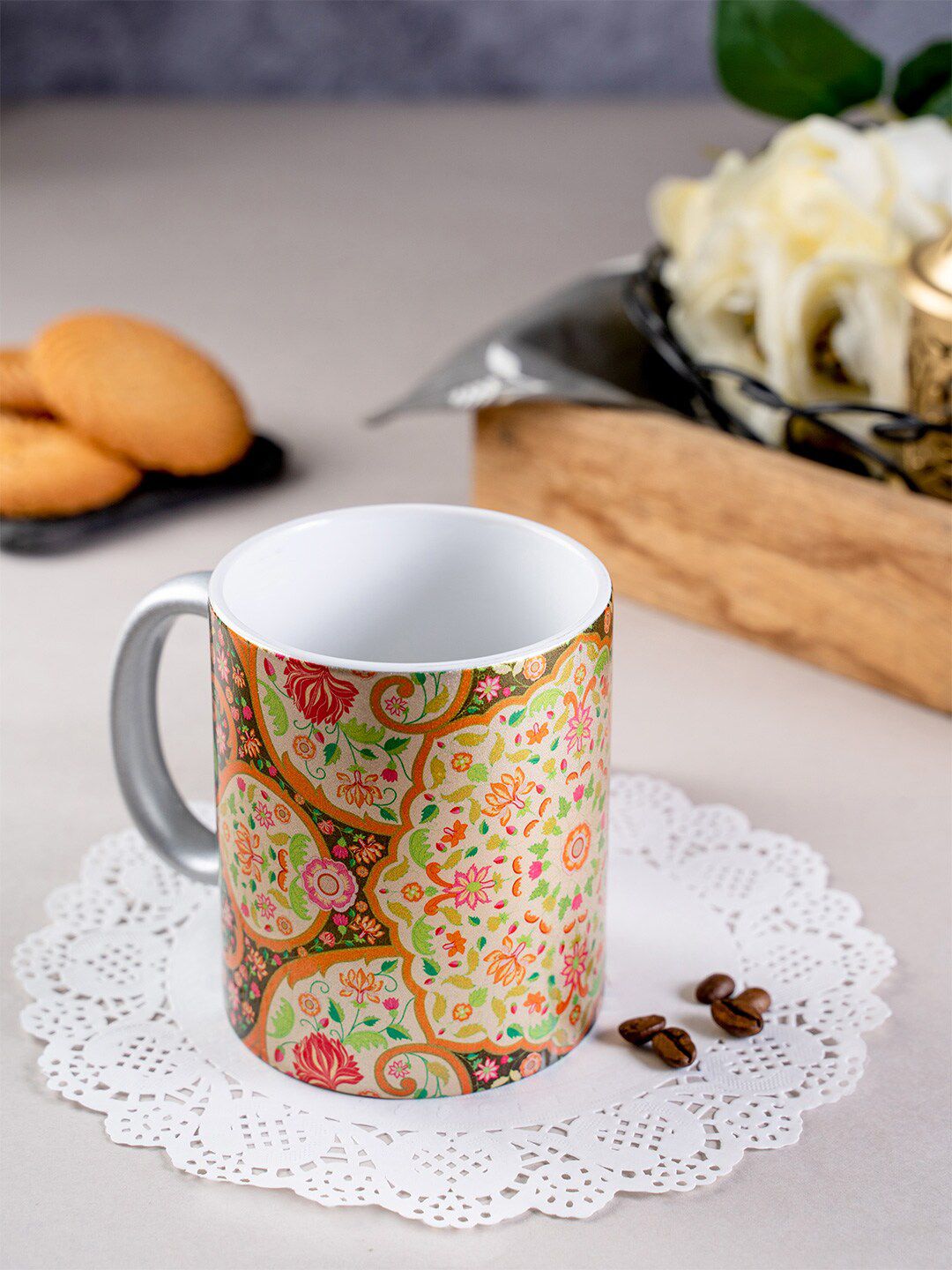 KOLOROBIA Beige & Orange Mughal Blooms Printed Stoneware Mug Price in India