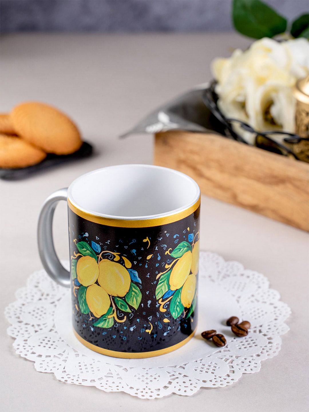 KOLOROBIA Silver-Toned & Black Printed Lemon From Italy Mug Price in India