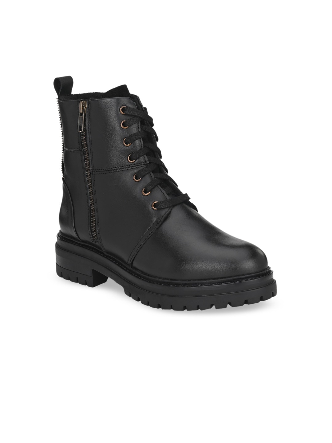 Delize Women Black Solid Leather High-Top Flat Boots Price in India