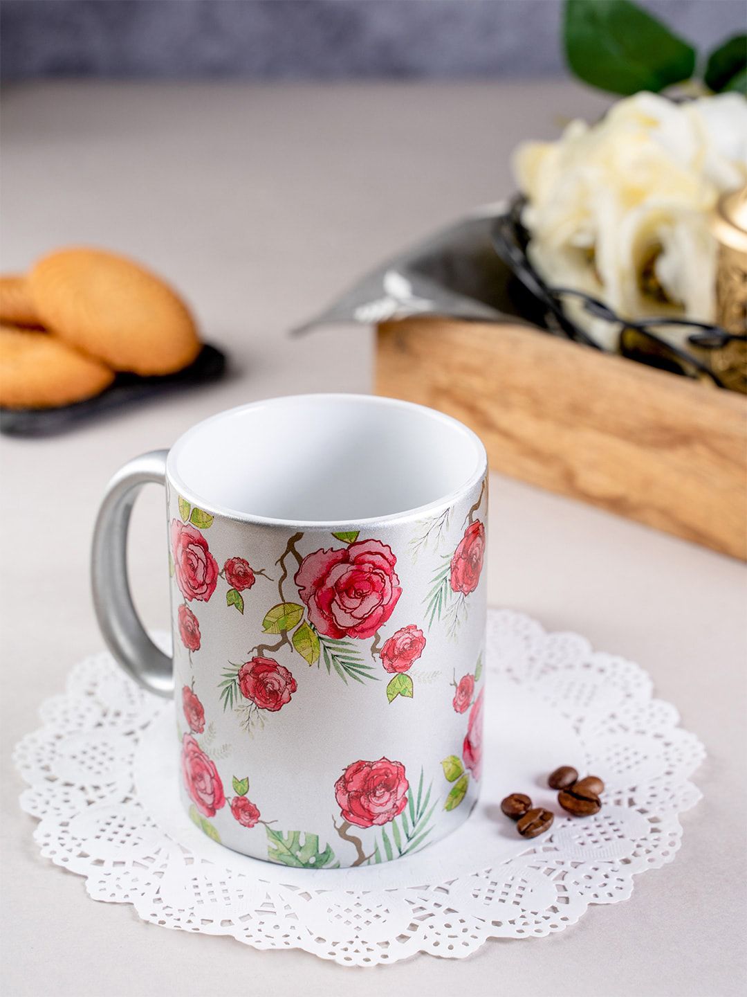 KOLOROBIA White & Pink Misty Morning Roses Printed Ceramic Mug Price in India