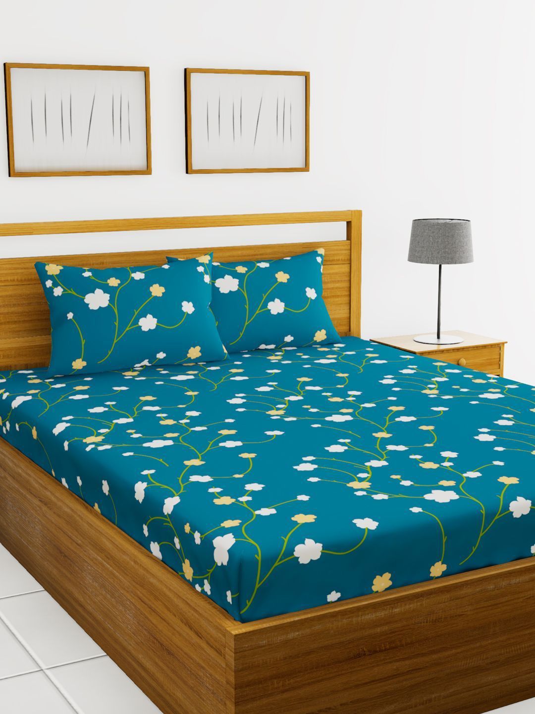 BIANCA Blue & Green Floral Printed 152 TC Cotton 110 GSM Micro-Peached King Bedsheet With 2 Pillow Cover Price in India