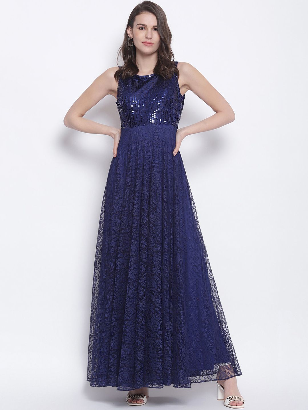 TRENDY DIVVA Women Blue Embellished Maxi Dress Price in India