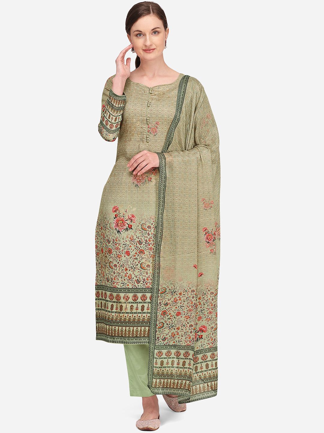 Stylee LIFESTYLE Women Green & Orange Printed Unstitched Dress Material Price in India