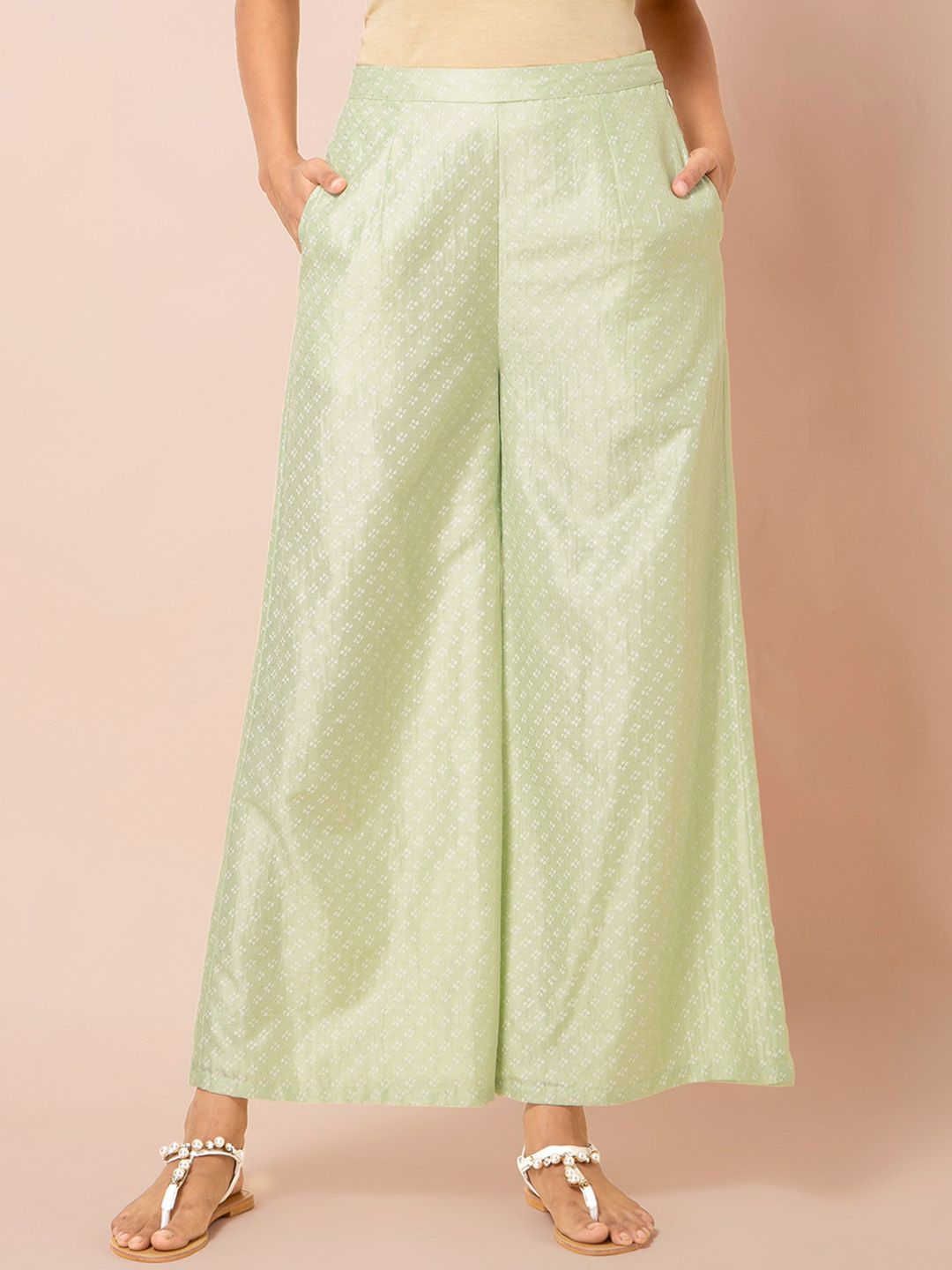 INDYA Women Green Solid Wide Leg Palazzo Price in India