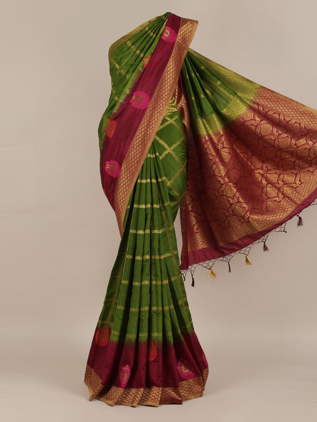 Pothys Olive Green & Red Jute Silk Checked Saree