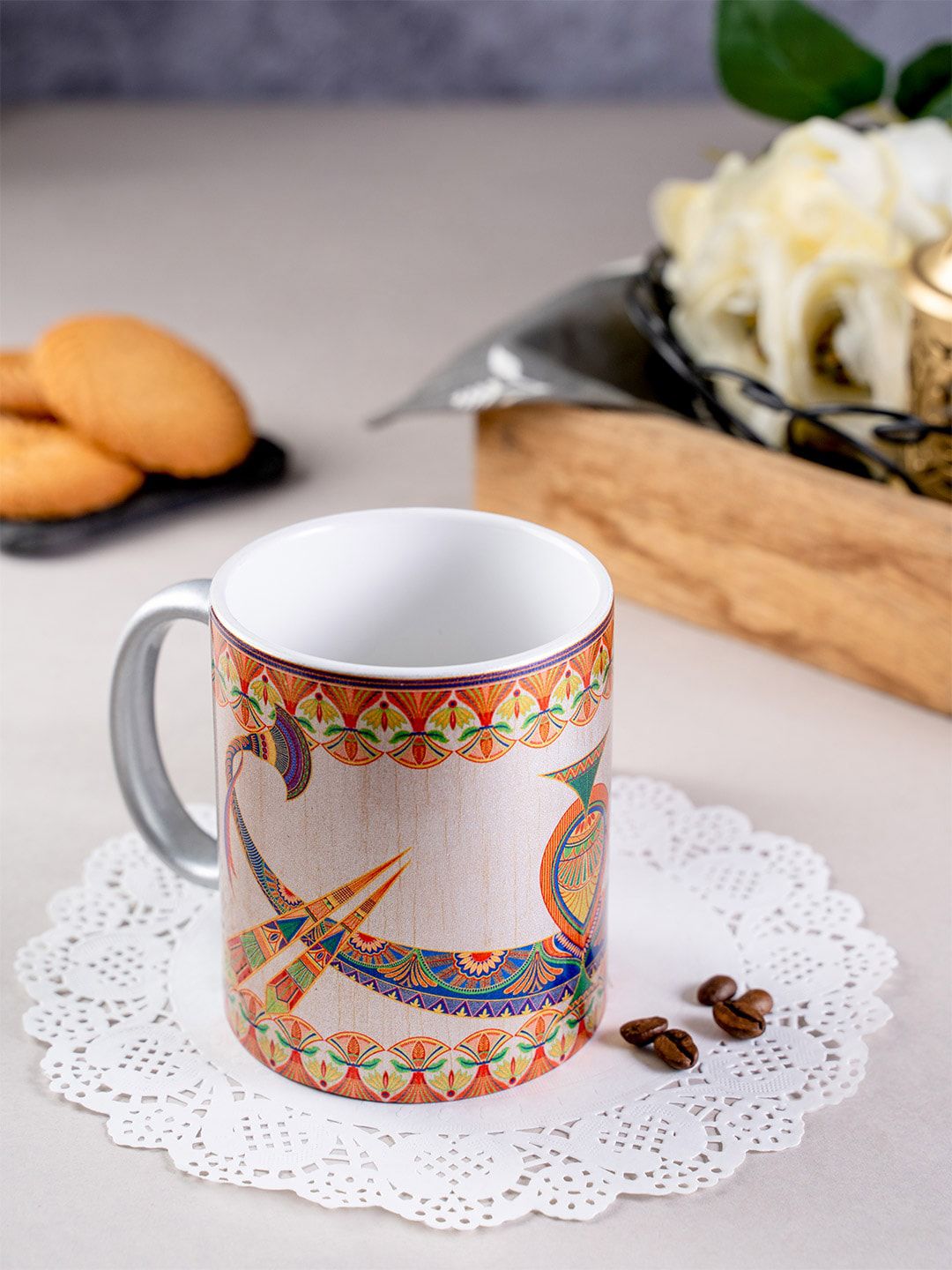 KOLOROBIA Beige & Orange Printed Ceramic Sylvan Egyptian Mug Price in India