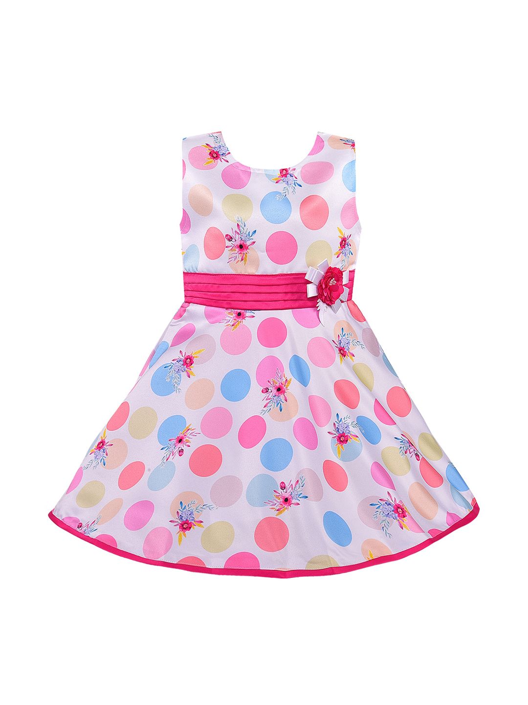 Wish Karo Girls Pink & White Polka Dots Print Fit and Flare Dress