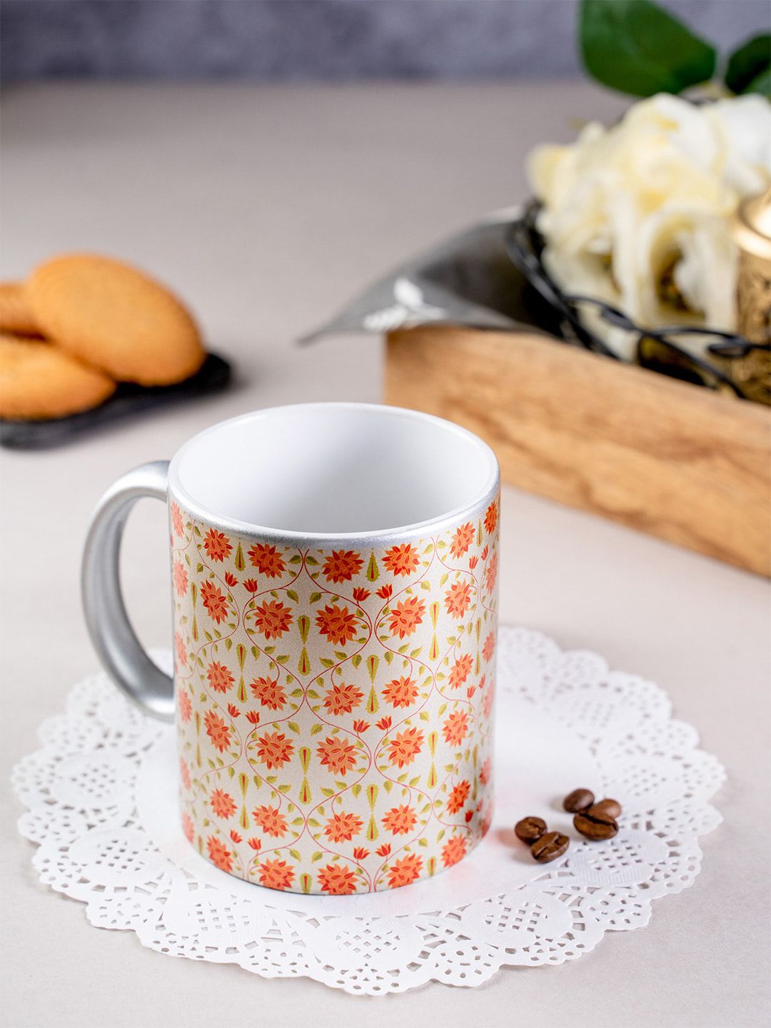 KOLOROBIA Cream-Colour & Orange Printed Babur Inspired Ceramic Mug Price in India