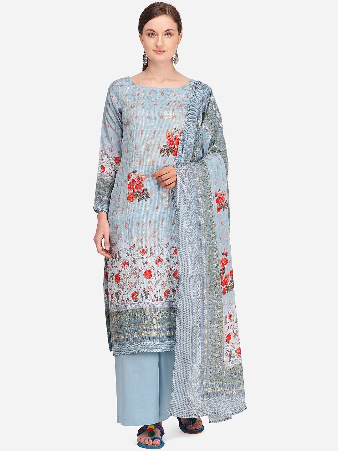 Stylee LIFESTYLE Women Blue & Red Printed Unstitched Dress Material Price in India