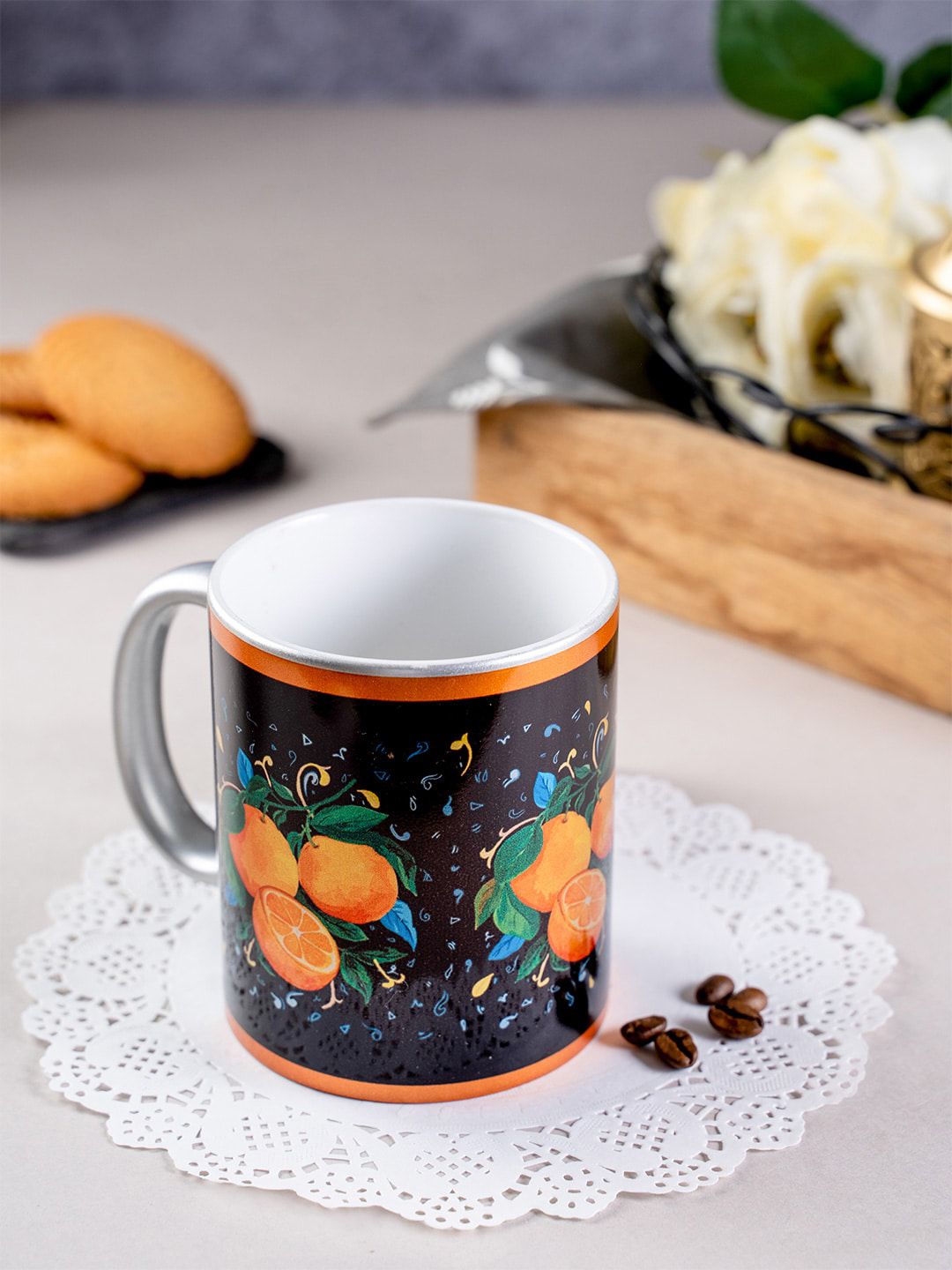 KOLOROBIA Black & Orange Printed Ceramic Mug Price in India