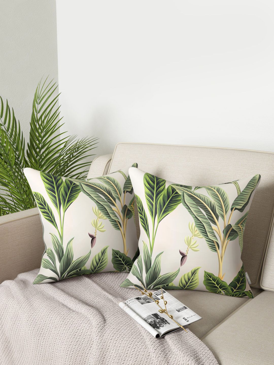 PETAL HOME Set Of 2 Off-White & Green Floral Square Cushions Price in India