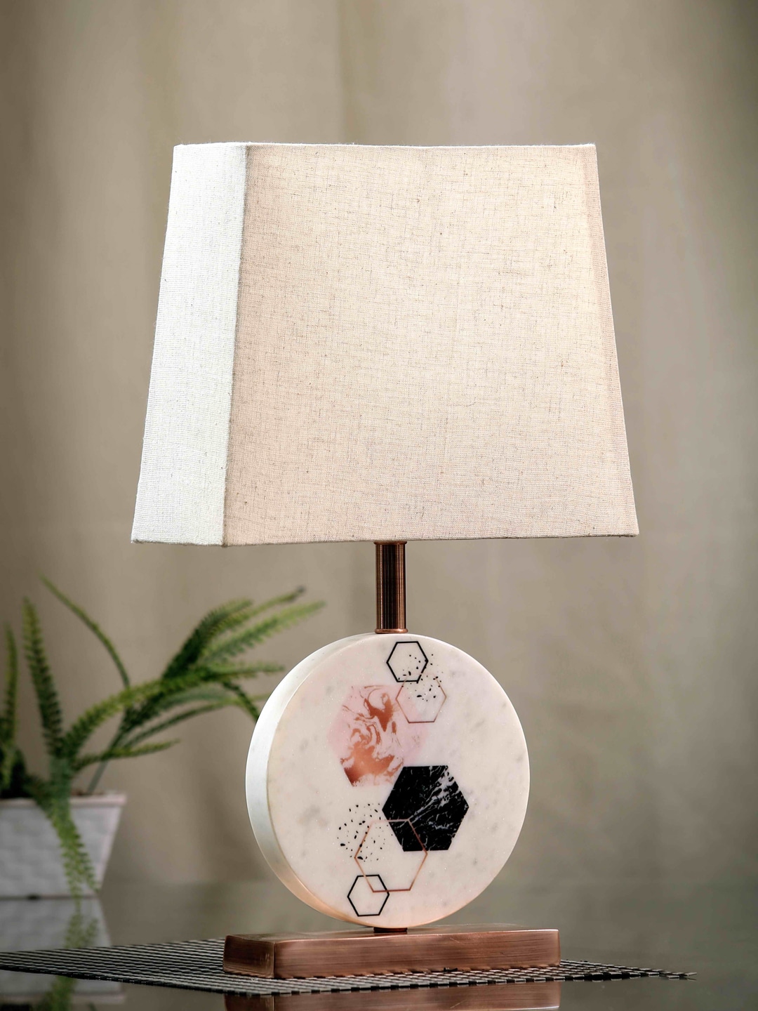 POSH-N-PLUSH Beige Solid Hexagon Marble Table Lamp Price in India