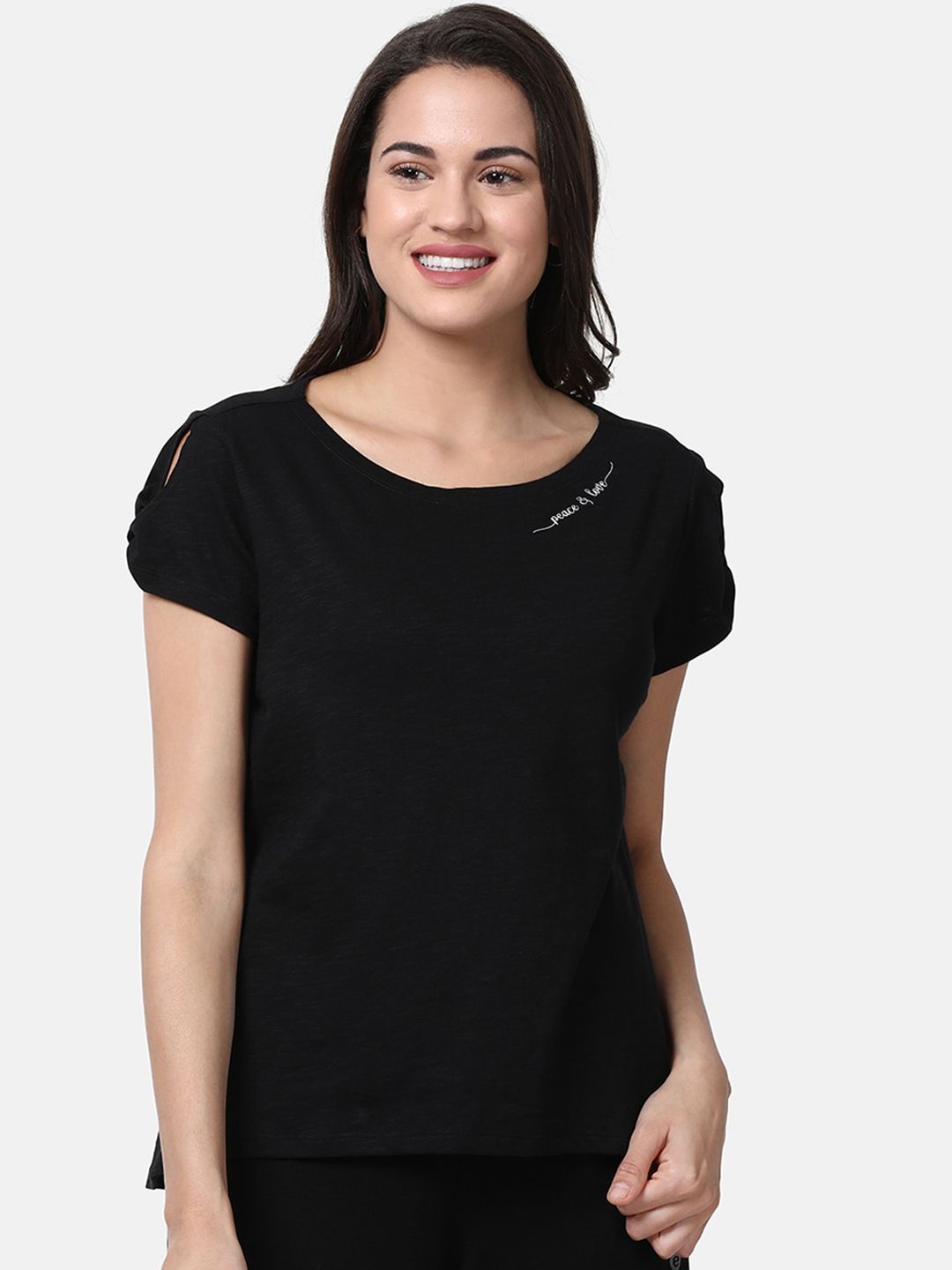 Enamor Women Black Solid Round Neck T-shirt