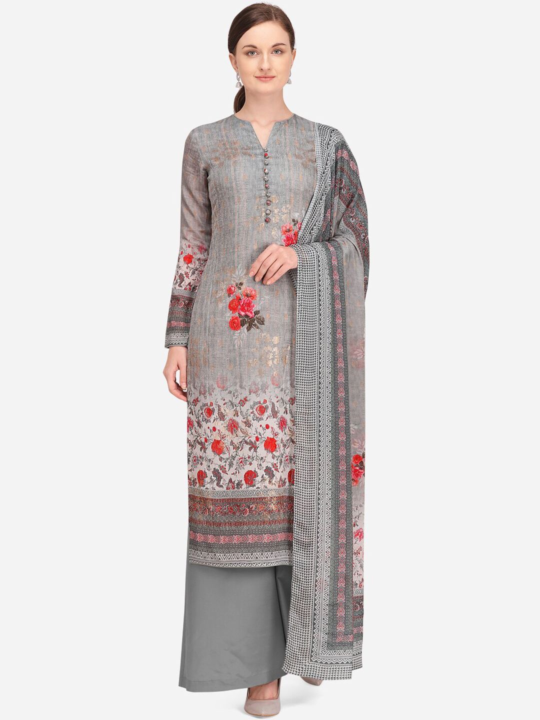 Stylee LIFESTYLE Women Grey & Black Printed Unstitched Dress Material Price in India