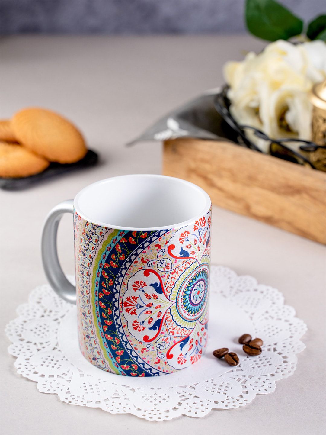 KOLOROBIA White & Blue Printed Ceramic Turkish Fervor Mug Price in India