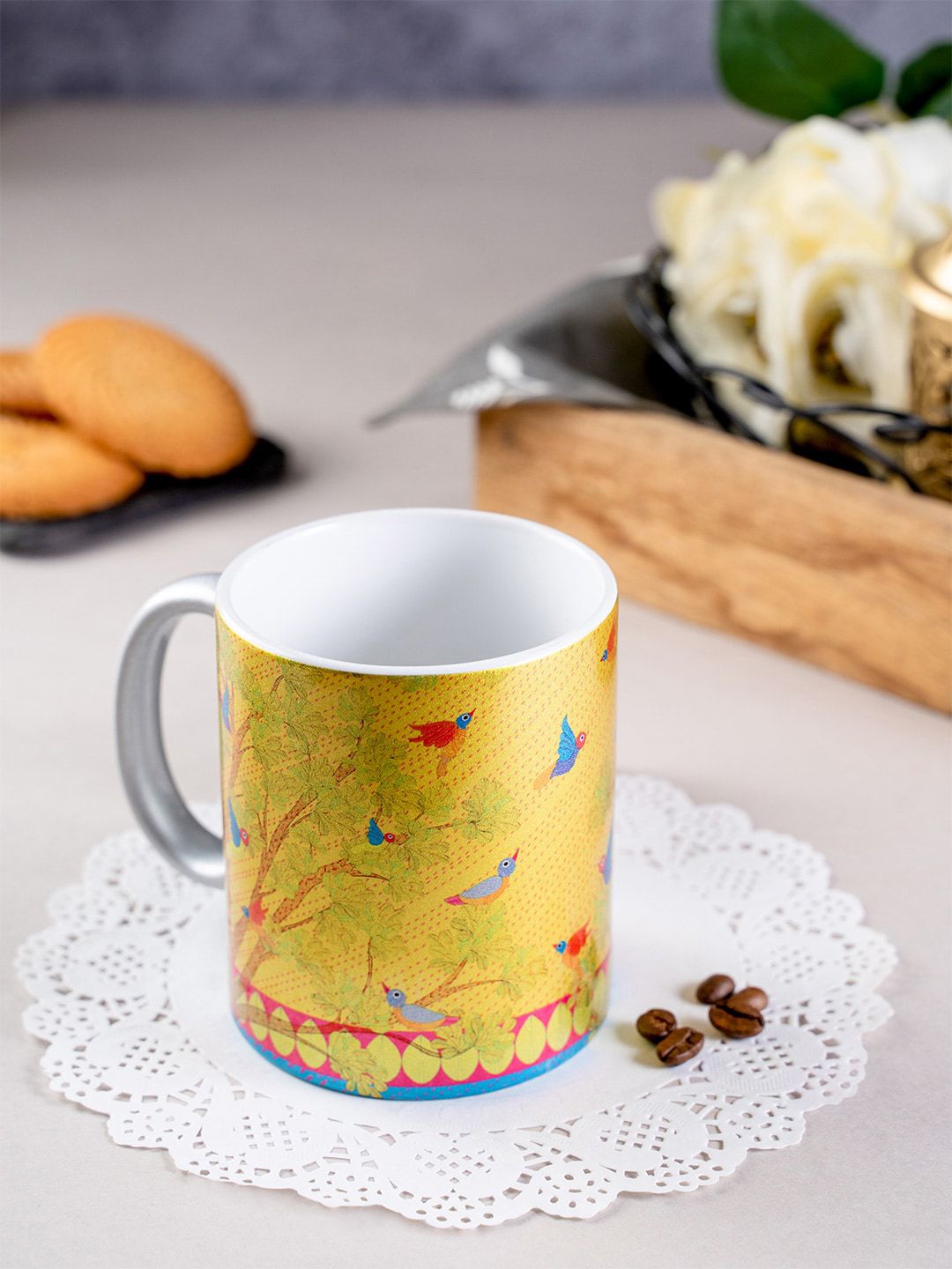 KOLOROBIA Yellow & Silver-Toned Gond Art Inspired Printed Mug Price in India