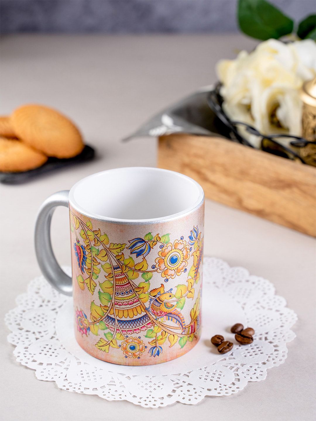 KOLOROBIA Silver-Toned & Pink Kalamkari Finesse Printed Ceramic Mug Price in India