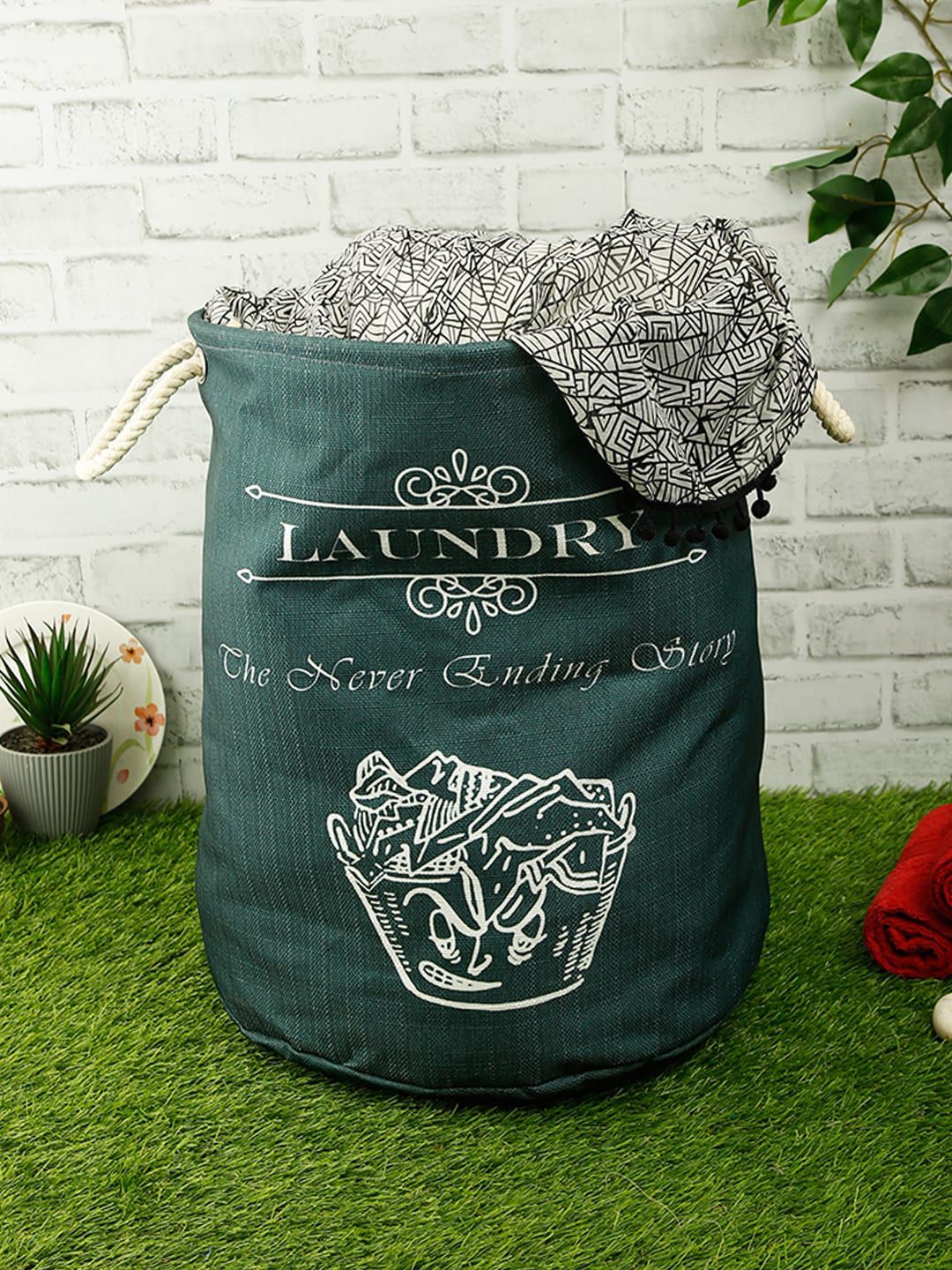 ROMEE Teal Green Typography Printed Foldable Waterproof Laundry Bag 50L Price in India