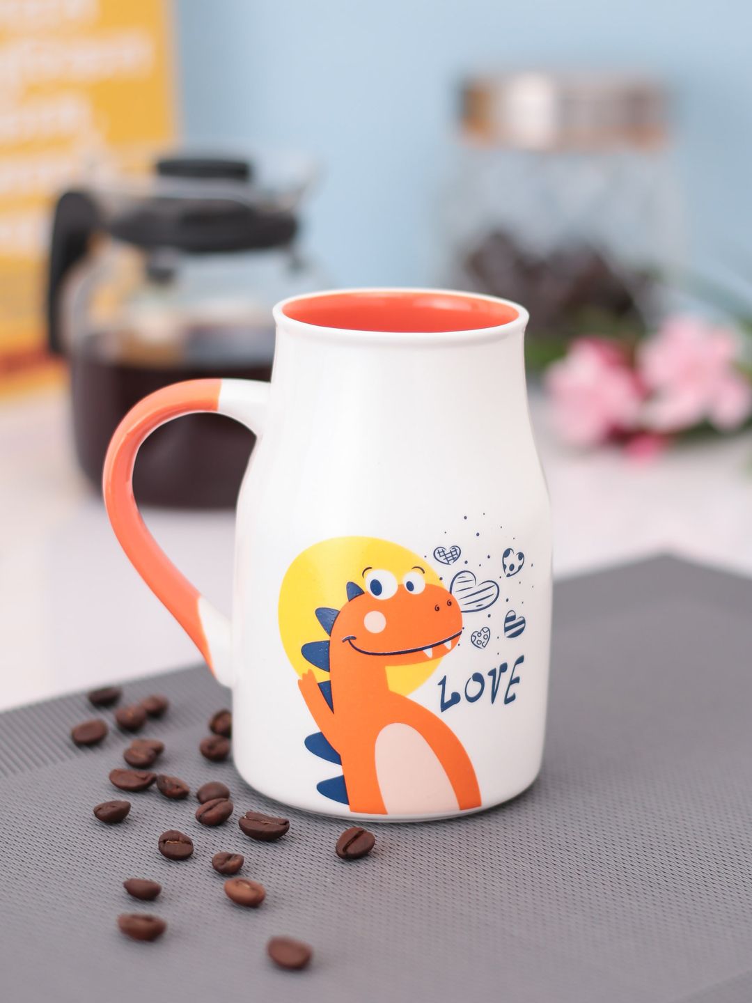 JCPL White & Orange Printed Flask Shaped Milk Mug Price in India