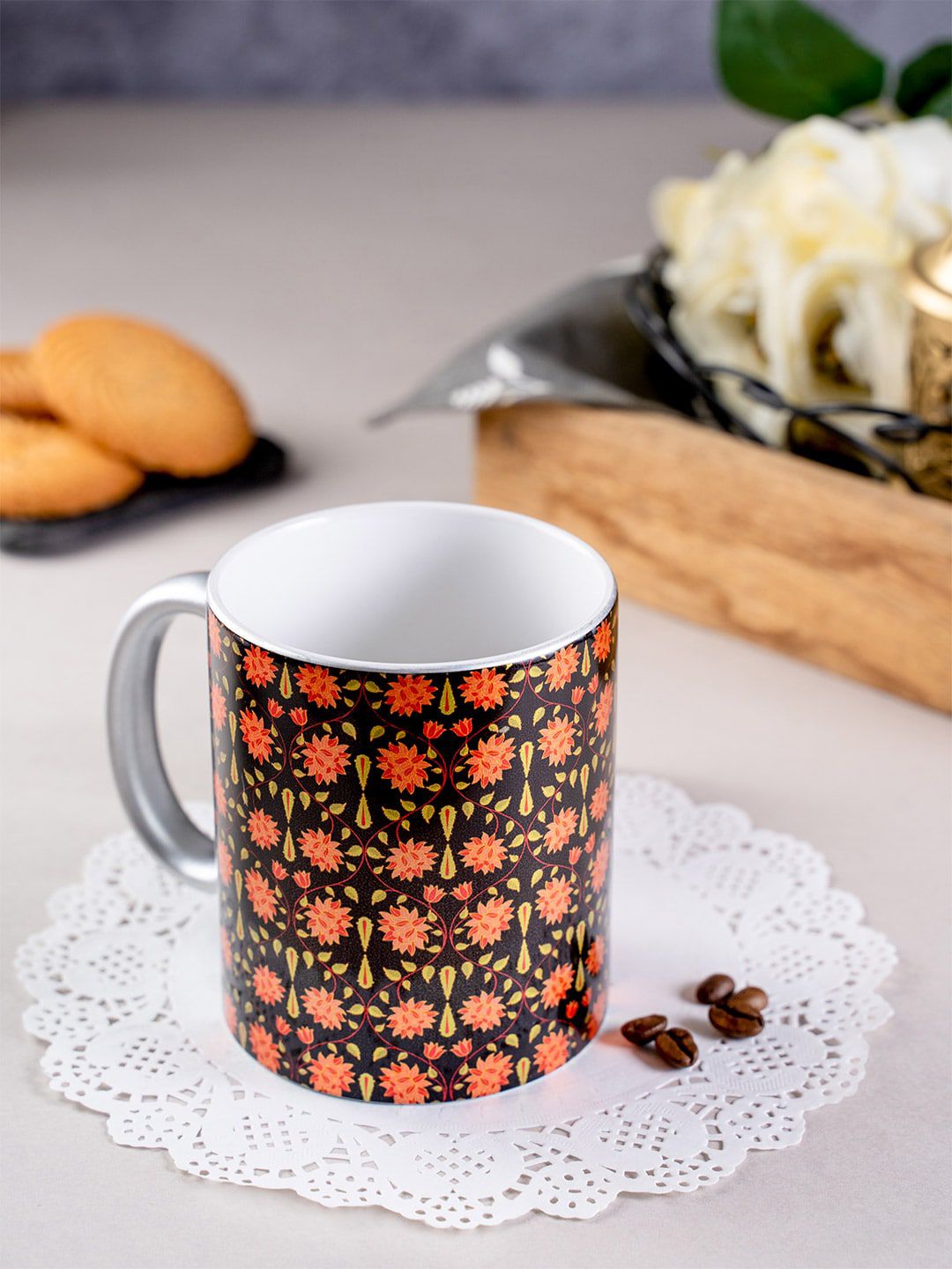 KOLOROBIA Black & Orange Printed Ceramic Babur Inspired Mug Price in India