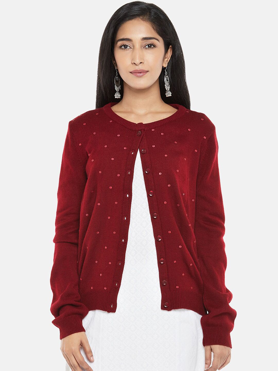 RANGMANCH BY PANTALOONS Women Maroon Embellished Cardigan Price in India