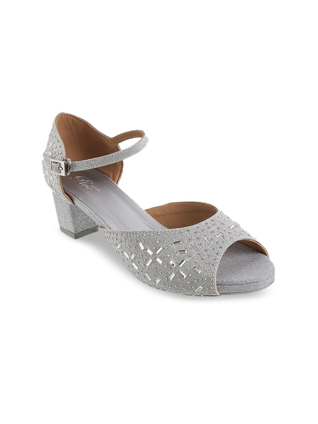 Mochi Women Grey & Silver-Toned Embellished Block Heels Price in India