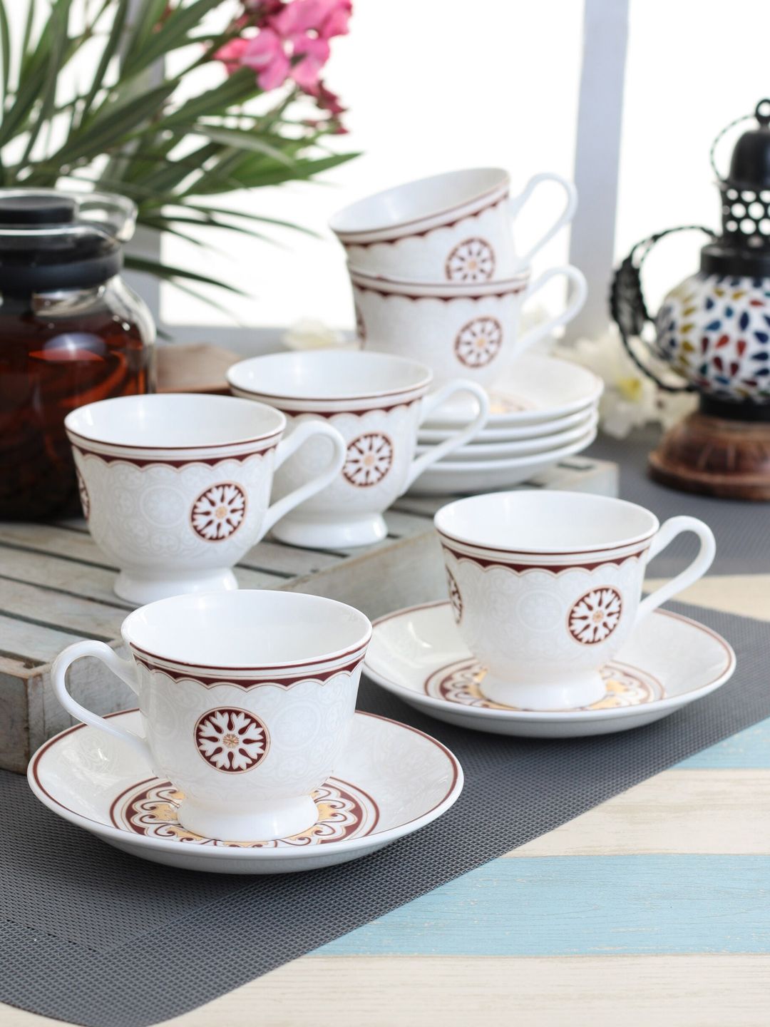 CLAY CRAFT Set Of 12 White & Maroon Printed Ceramic Cup and Saucer Price in India