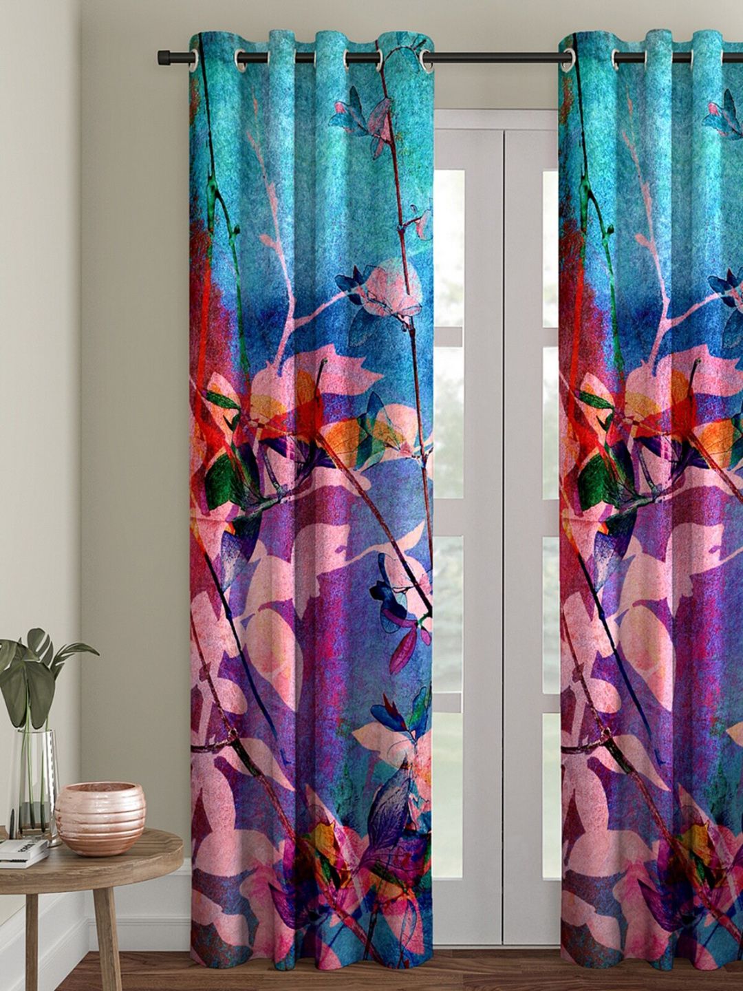 ROMEE Blue & Pink Floral Printed Velvet Room Darkening Door Curtain Price in India