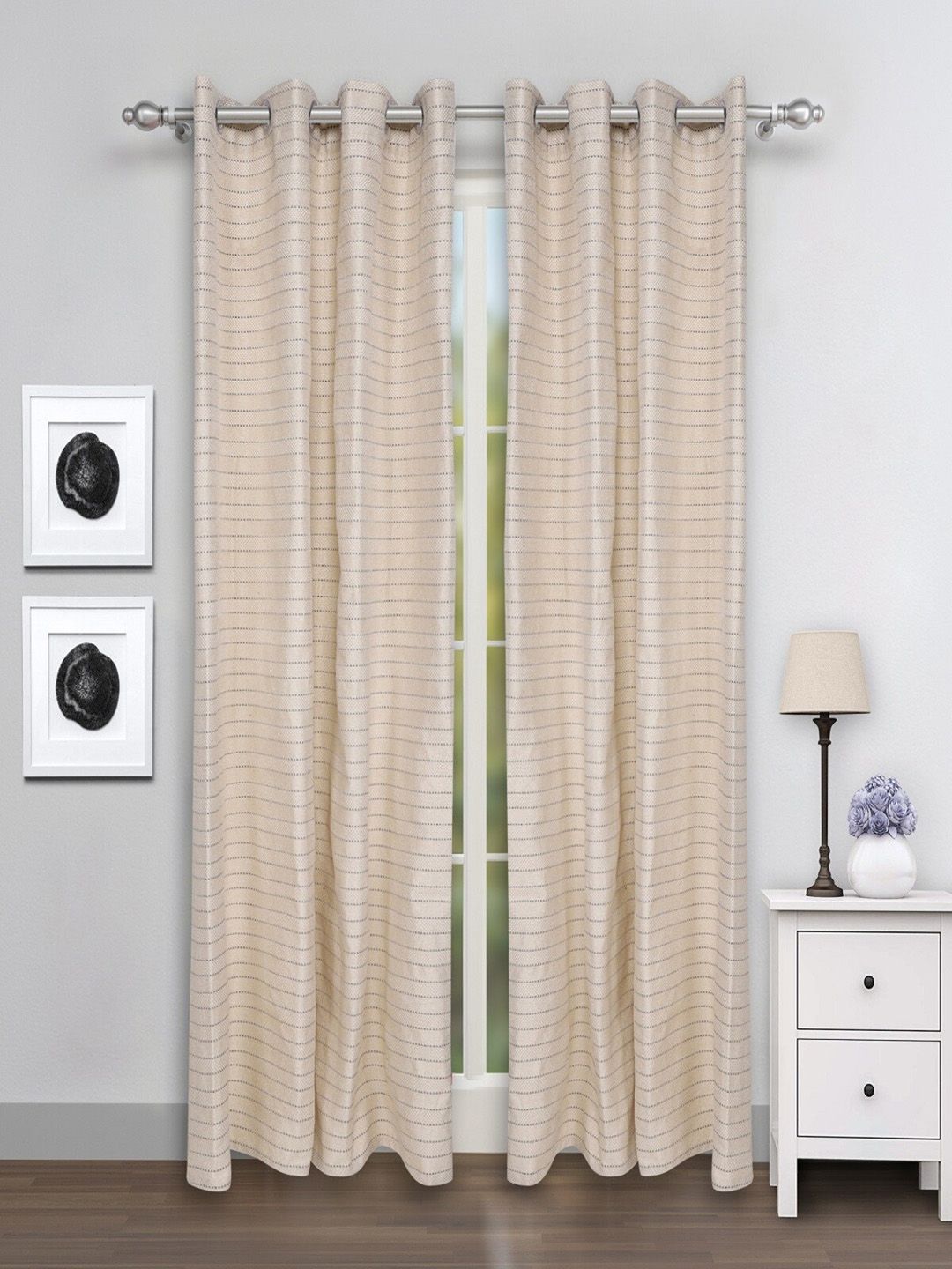 ROMEE Set of 2 Cream Coloured Striped Room Darkening Door Curtains Price in India