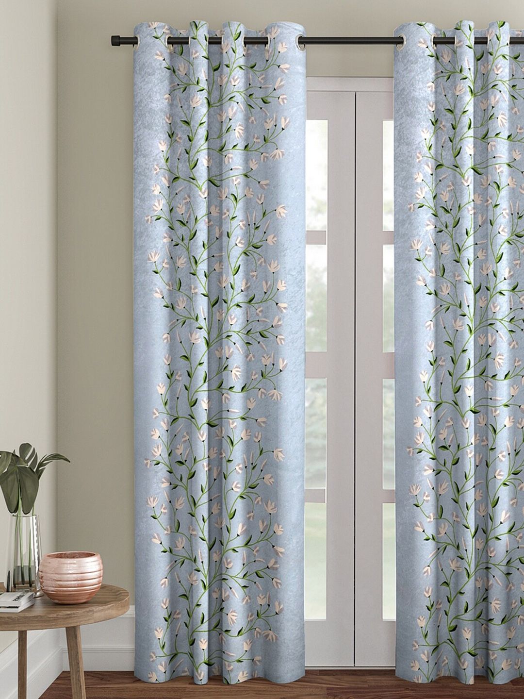 ROMEE Blue & White Floral Printed Room Darkening Door Curtain Price in India