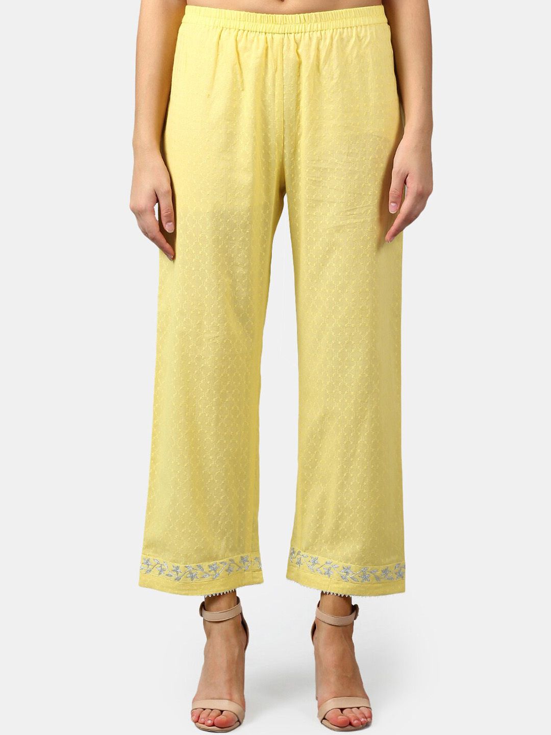 DART STUDIO Women Yellow Embroidered Sustainable Straight-Fit Palazzos Price in India