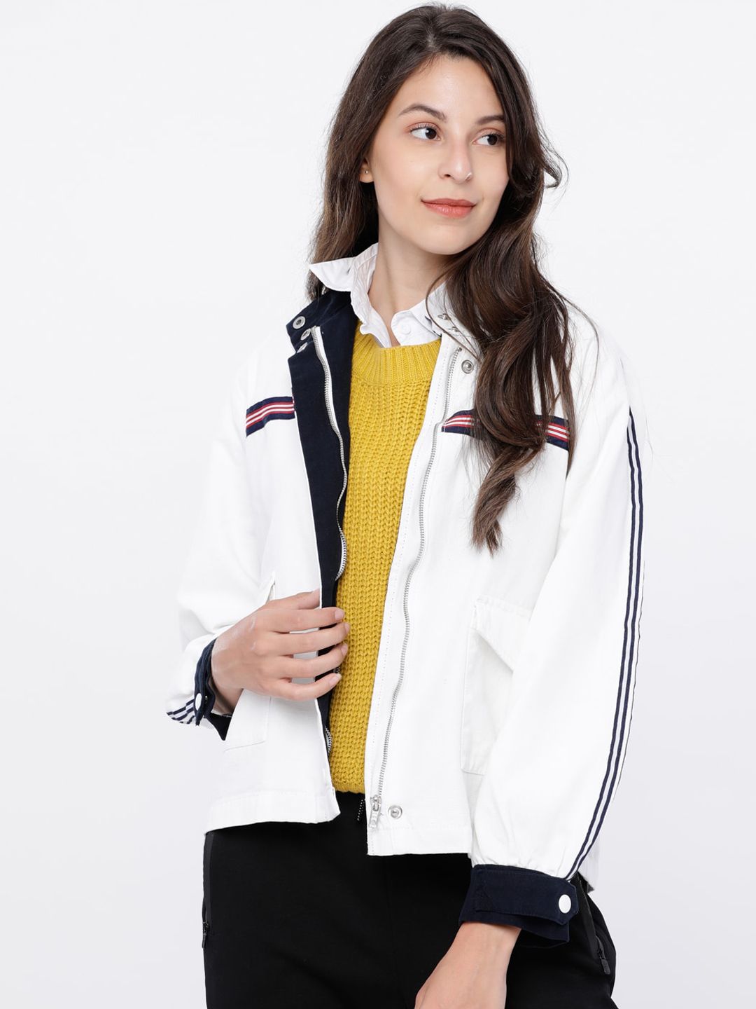 Tokyo Talkies Women Off-White Solid Bomber Price in India
